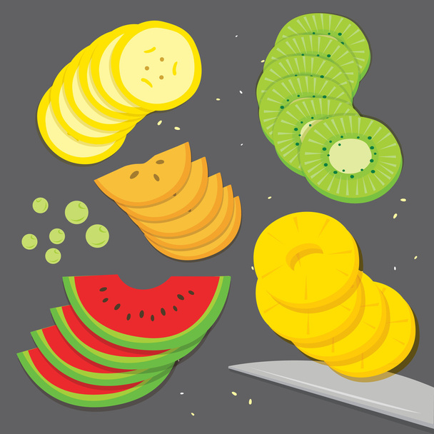Fruit food cook Banana Grape Kiwi Pineapple watermelon Persimmon fresh piece slice cartoon vector - Wektor, obraz