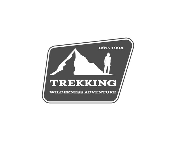 Vintage mountain, hiking, trekking camp logo, label, badge. Stylish Monochrome design. Outdoor activity theme. Summer and winter vacation insignia. Vector. - Vektör, Görsel