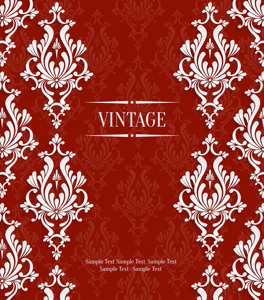 Vector Red 3d Vintage Invitation Card with Floral Damask Pattern - Вектор,изображение