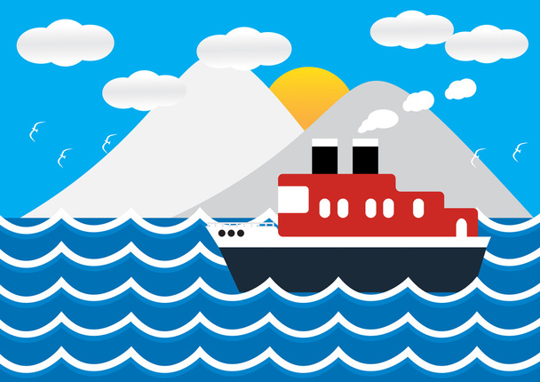 Ocean liner boat ship at sea view in sunset with iceberg and wav - Vector, Image