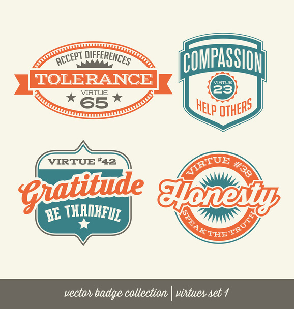 badge label collection with virtues- positive character traits on retro style crests - Vektor, kép