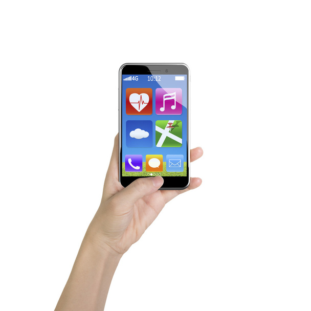 Жіноча рука тримає іконки додатків смартфон з великим пальцем штовхаючи дупу
 - Фото, зображення