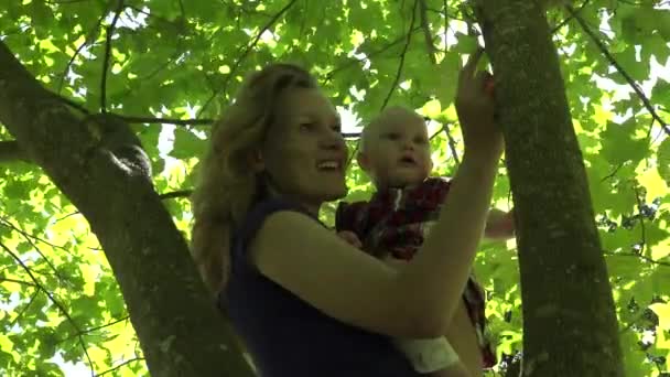 Мать с маленькой дочерью играют в зеленом парке под деревом. 4K
 - Кадры, видео