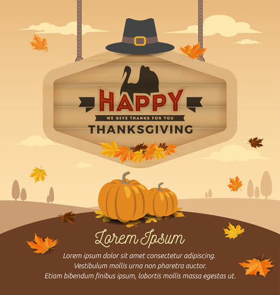 Happy Thanksgiving Day On Wooden Board Hanging. Vector illustration - Vector, Image