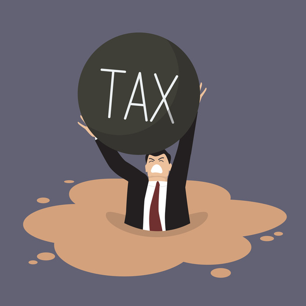 Businessman with heavy tax sinking in a quicksand - Vector, Image