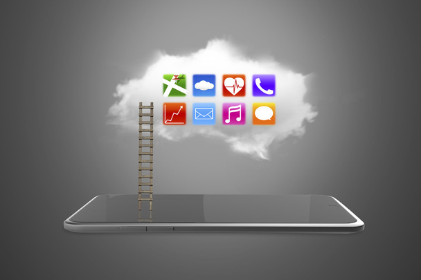 Iconos de aplicaciones en la nube blanca con tableta inteligente y escalera
 - Foto, imagen