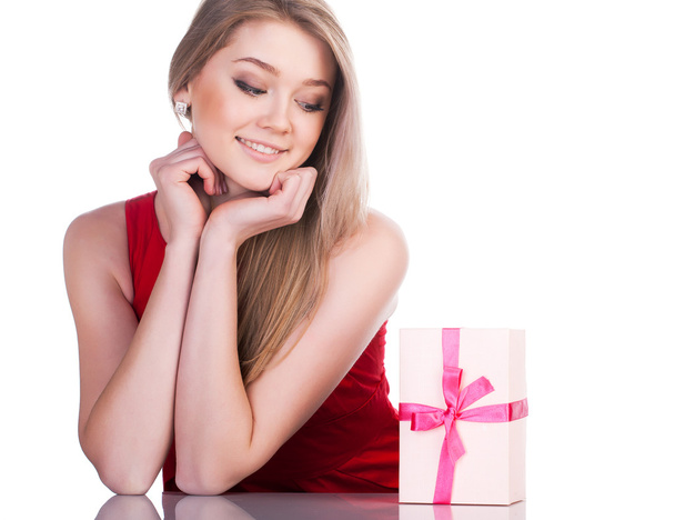 Woman with a present isolated - Foto, Imagen