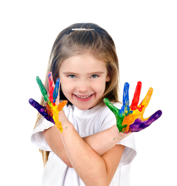 Happy cute little girl with colorful painted hands - Фото, зображення