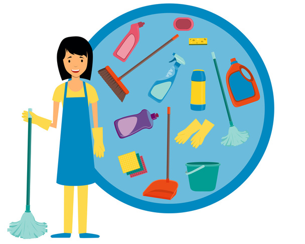 Cleaning woman in uniform and tools for cleaning. Vector illustration - Vector, Image