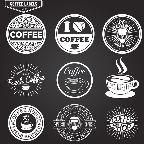 Set of coffee labels, design elements, emblems and badges. Isolated vector illustration in vintage style. - Vektor, obrázek