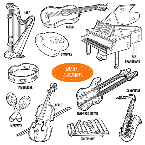 Colorless set with musical instruments, vector cartoon collectio - Vector, Image