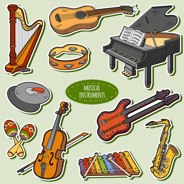 Color set with musical instruments, vector cartoon stickers - Vector, Image