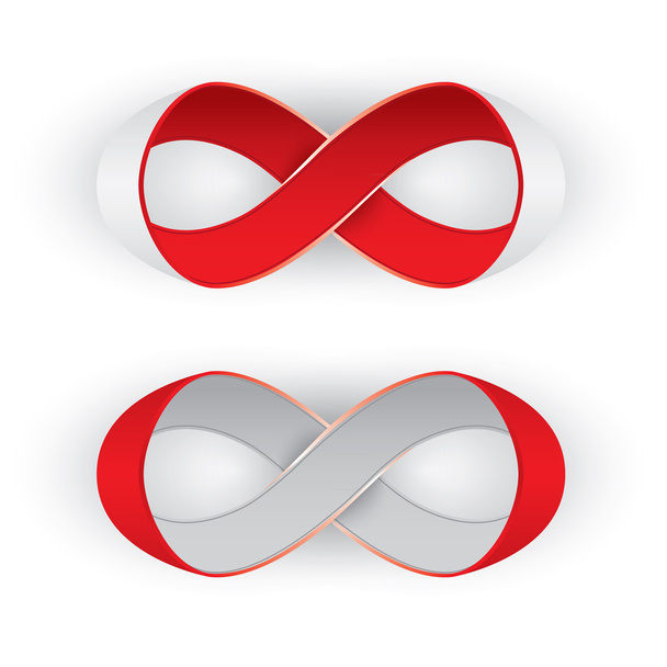 Photorealistic red and silver ribbon in shape limitless, infinity symbol - Vector, Image