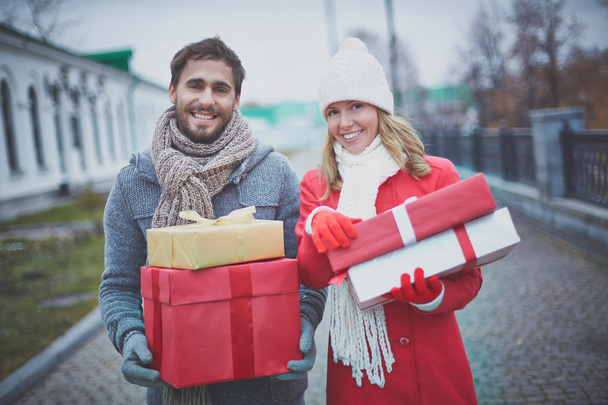 couple with gift boxes - Photo, image