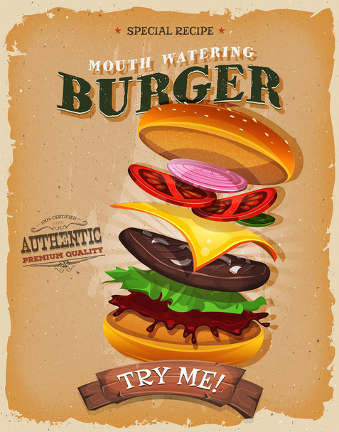 Grunge ja Vintage Burger Ainesosat Juliste
 - Vektori, kuva