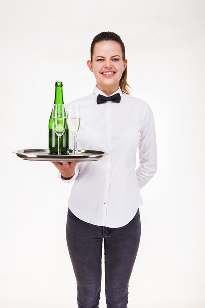 Žena v číšník jednotné, zásobník a naléval šampaňské, - Fotografie, Obrázek