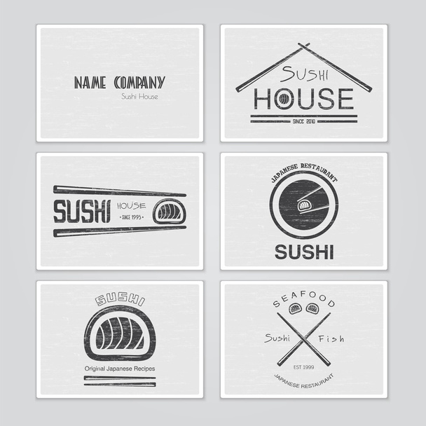 Sushi e rotoli una serie. Cucina giapponese. Etichette tipografiche, logo e badge
. - Vettoriali, immagini