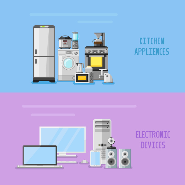 キッチン家電や電子デバイスの水平方向のバナー。フラット スタイルのベクトル図. - ベクター画像