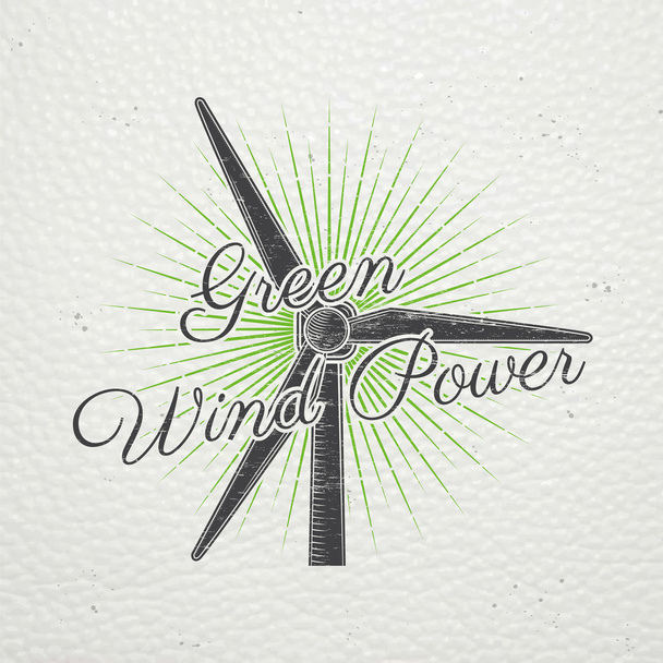 Windmühlen für Energie. nachhaltiger ökologischer Stromerzeuger, der mit natürlicher Windenergie betrieben wird. alter Retro Vintage Grunge. Typografische Etiketten, Aufkleber, Logos und Abzeichen. - Vektor, Bild