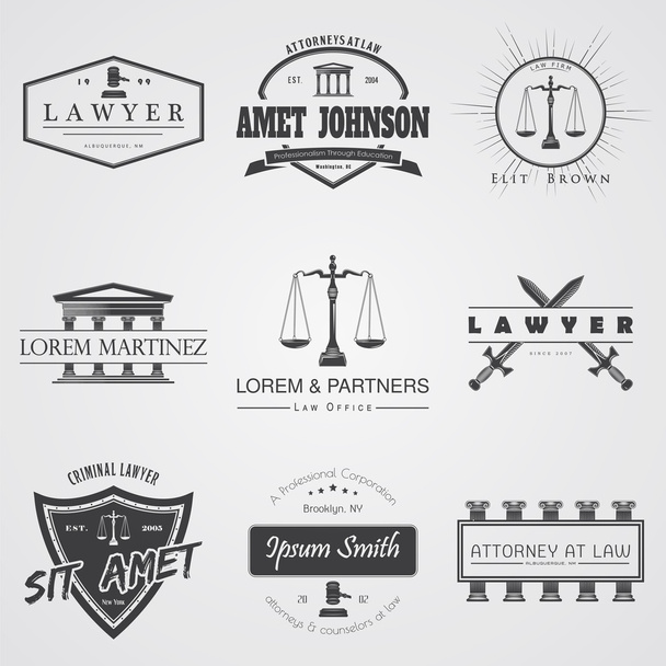 Lawyer services. Law office. The judge, the district attorney, the lawyer set of vintage labels. Scales of Justice. Court of law symbol.  Typographic labels, stickers, logos and badges. - Вектор, зображення