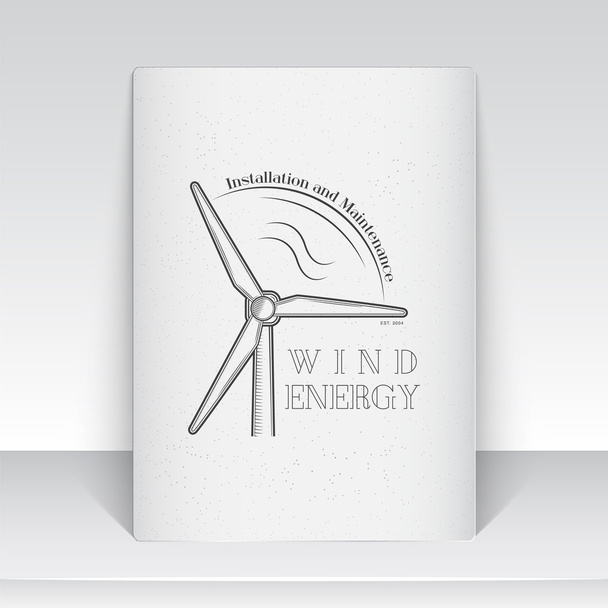 Windmills for energy. Sustainable ecological electrical power generator powered by wind natural energy source. Old school of vintage label. Sheet of white paper. Monochrome typographic labels, sticker - Vector, Image