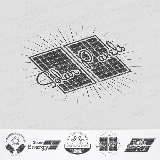 Solar panels for energy. Sustainable ecological solar energy generator powered by natural energy source. Old school of vintage label. S - Vector, afbeelding