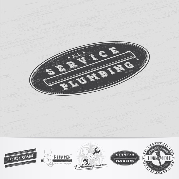 Plumbing service. Home repairs. Repair and maintenance of buildings.Old retro vintage grunge. Scratched, damaged, dirty effect. Monochrome typographic labels, stickers, logos and badges. - Vector, Image