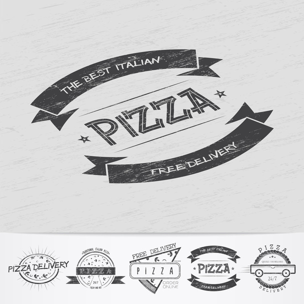 Pizza delivery. The food and service. Old school of vintage label. Old retro vintage grunge. Scratched, damaged, dirty effect. Monochrome typographic labels, stickers, logos and badges. - Διάνυσμα, εικόνα