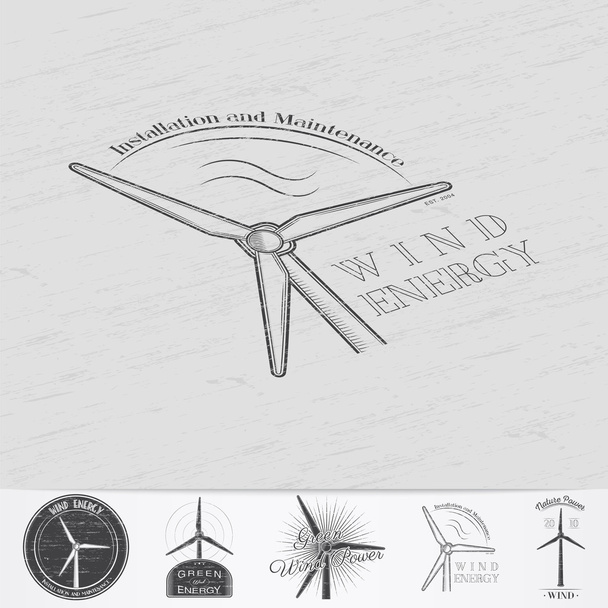 Windmills for energy. Sustainable ecological electrical power generator powered by wind natural energy source. Old retro vintage grunge. - Vector, afbeelding
