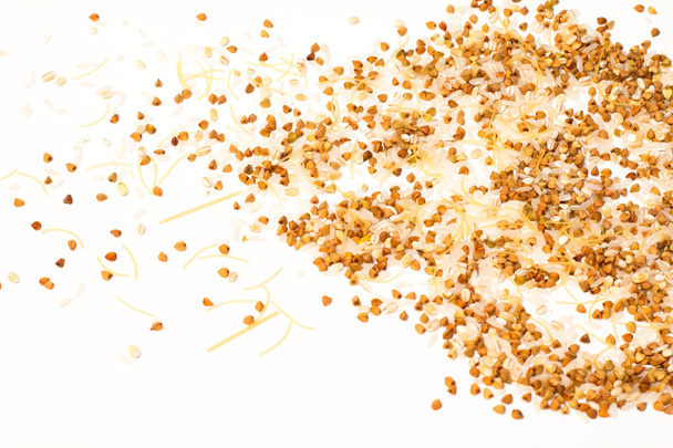 Various grain cereals, rice, buckwheat different colors on a white background - Fotó, kép