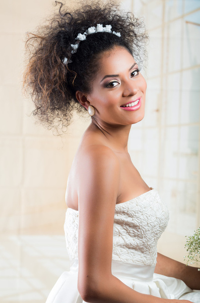 Portrait of young hispanic curly girl wearing wedding dress - Zdjęcie, obraz