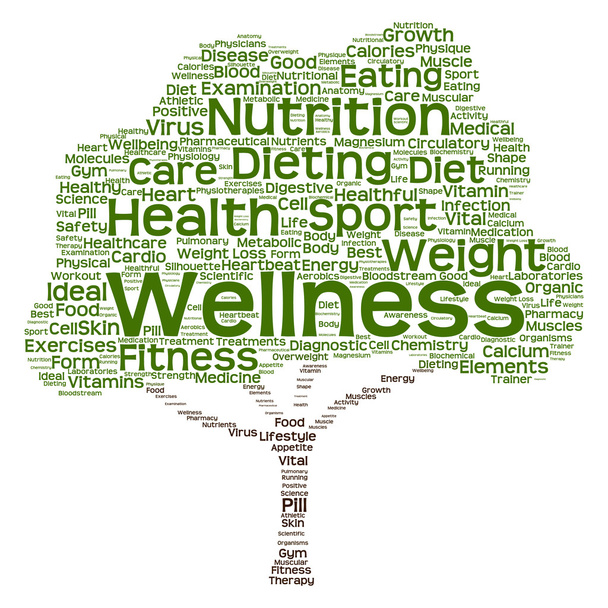 Concept of conceptuele gezondheid of dieet groene tekst woord wolk of tagcloud boom, geïsoleerd op witte achtergrond - Foto, afbeelding
