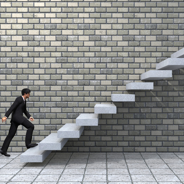 Concepto o conceptual 3D hombre o hombre de negocios subiendo en una escalera o pasos cerca de un fondo de pared
 - Foto, imagen