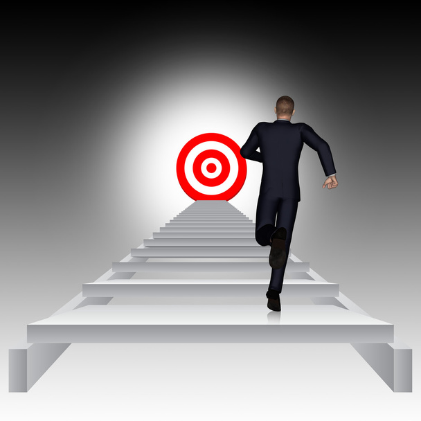 Concept conceptual 3D business man running, climbing stair on black background with a red target - Photo, Image