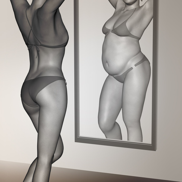 Концепція або концептуальна 3D-жінка, дівчина як жирна, надмірна вага проти пристосування здорової, худорлявої анорексіальної жінки до і після дієти над дзеркалом
 - Фото, зображення