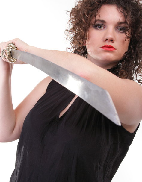 Portrait curly woman curly girl and sword - Foto, Imagen