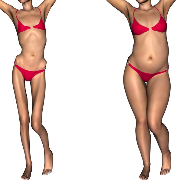 Konzept oder konzeptionelle 3D-Frau oder Mädchen als dick, übergewichtig und fit gesund, mageres Untergewicht magersüchtige Frau vor und nach der Diät - Foto, Bild
