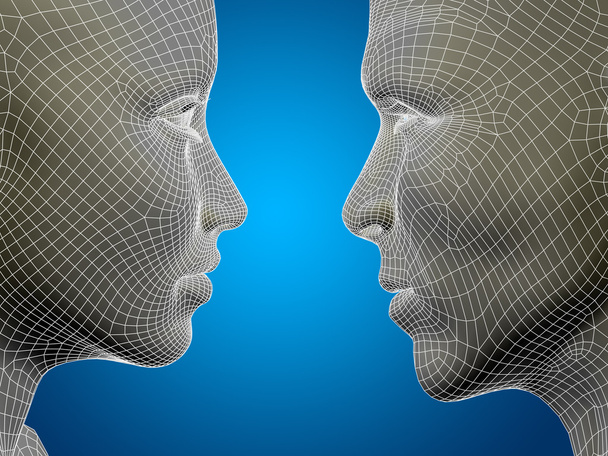Concept or conceptual 3D wireframe or mesh human male and female head on blue gradient background - Фото, изображение