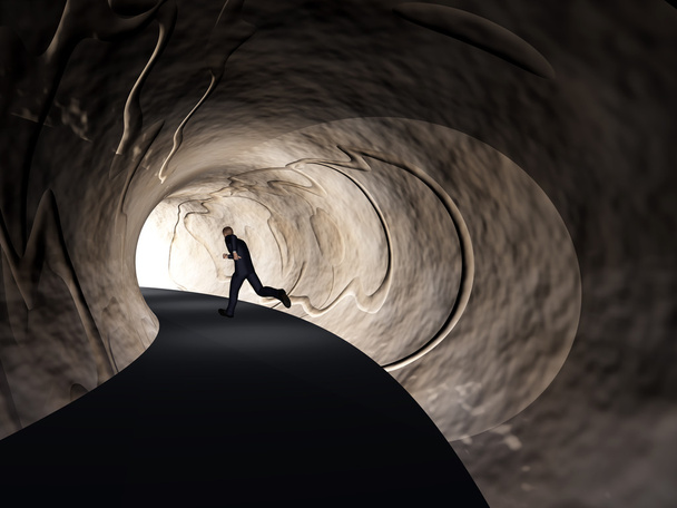 Концепція або концептуальний 3D бізнесмен, тунель темної дороги з яскравим світлом на кінцевому тлі
 - Фото, зображення