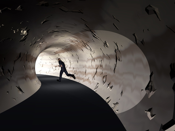 Hombre de negocios en 3D conceptual o conceptual, túnel de carretera oscuro con luz brillante al final del fondo
 - Foto, Imagen