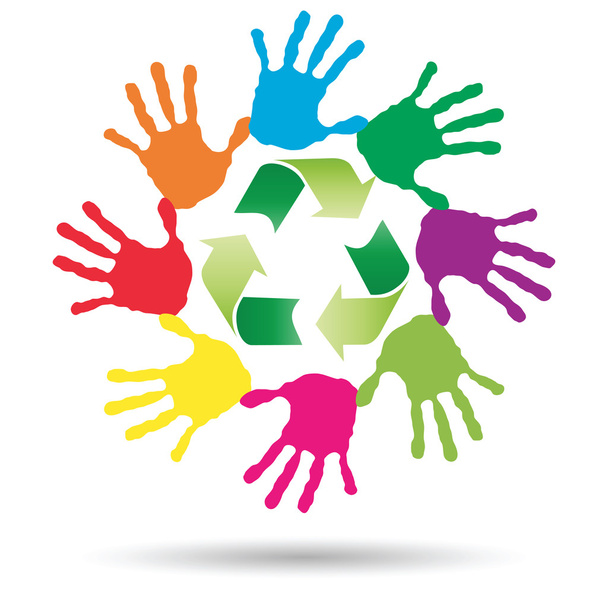 Концептуальный круг или спираль из окрашенных человеческих рук с зеленым символом вторичной переработки для экологии изолированы на белом фоне
 - Фото, изображение