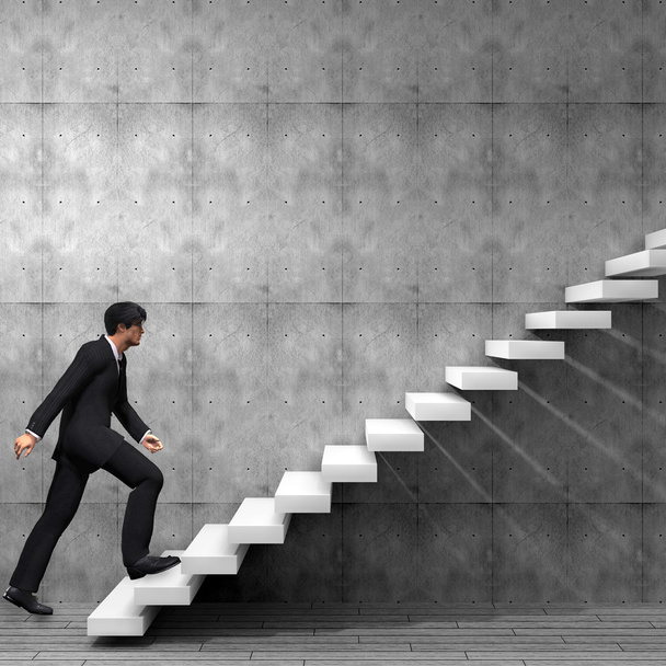 Концепция или концептуальный 3D человек или бизнесмен, лазающий по лестнице или ступенькам на фоне стены
 - Фото, изображение