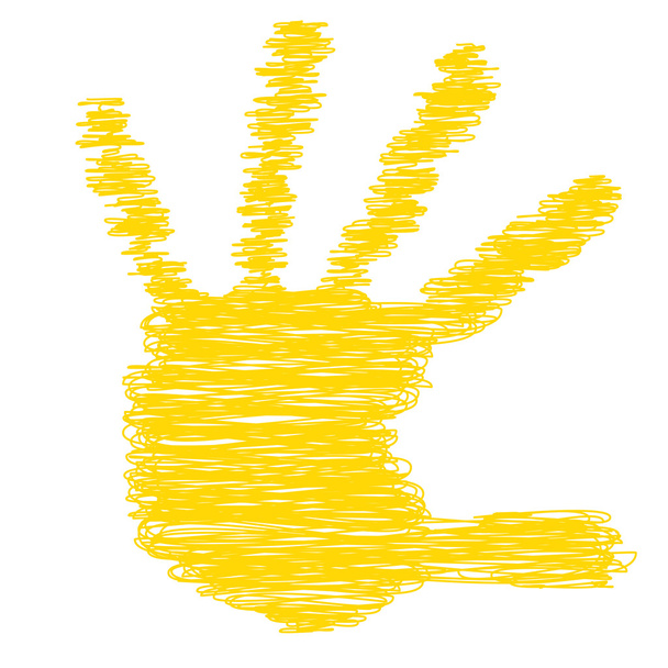 Conceptual yellow painted drawing hand shape print or scribble isolated on white paper background - Photo, Image