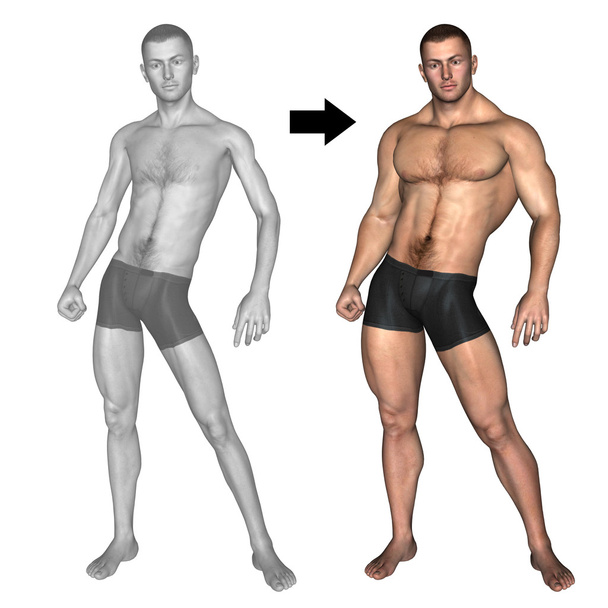 Konzept oder konzeptionelle 3D starke junge männliche Bodybuilder vs Untergewicht dünn isoliert auf weißem Hintergrund - Foto, Bild