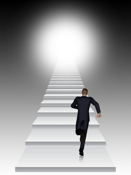 Concept conceptual 3D business man running or climbing stair on black  background with light - Photo, Image