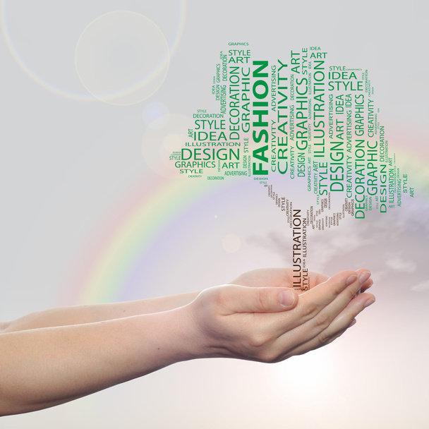 Концепция концептуальный зеленый абстрактный дизайн искусства слово облако tagcloud дерево на радужном фоне неба
 - Фото, изображение