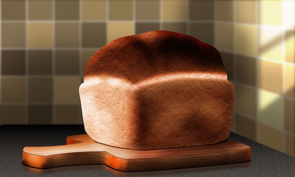 Cutting board lying on the kitchen table and a loaf of bread - Foto, imagen