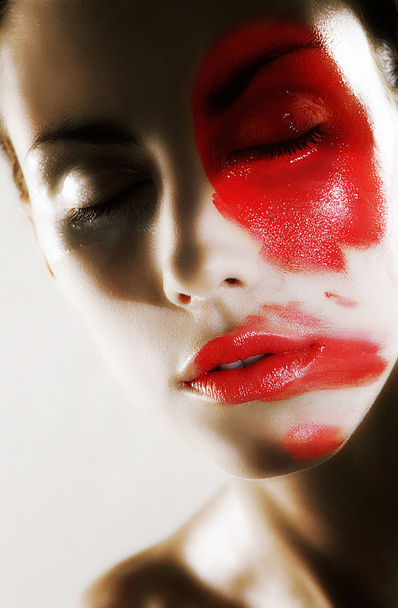 beauty with red lipstick makeup - Foto, Imagem