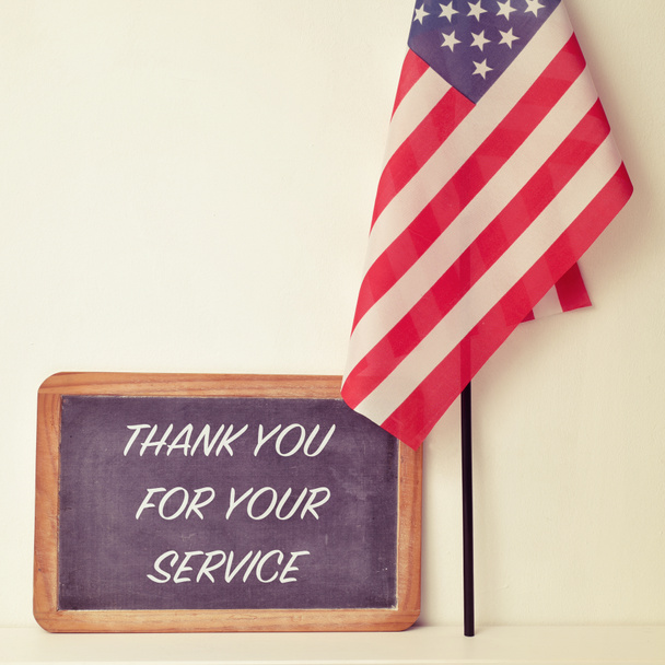 text thank you for your service in a chalkboard and the flag of - Foto, immagini