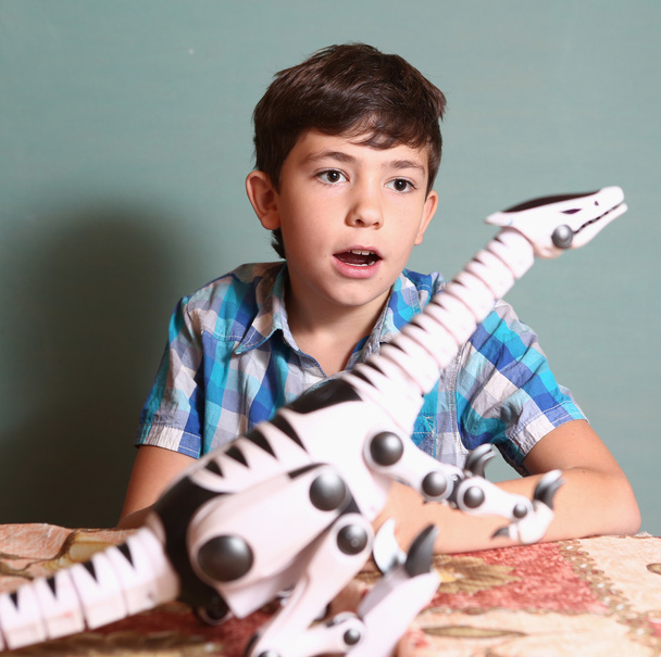 menino jogar com dinossauro brinquedo por controle remoto pult
 - Foto, Imagem